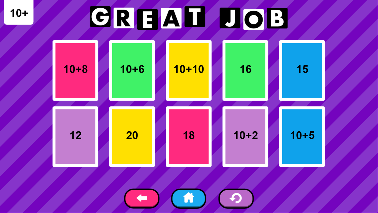 Addition Memory Game Great Job Screenshot.