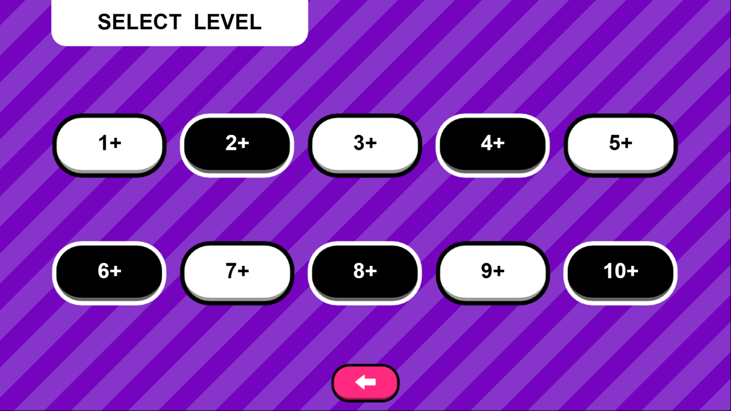 Addition Memory Game Select Level Screenshot.