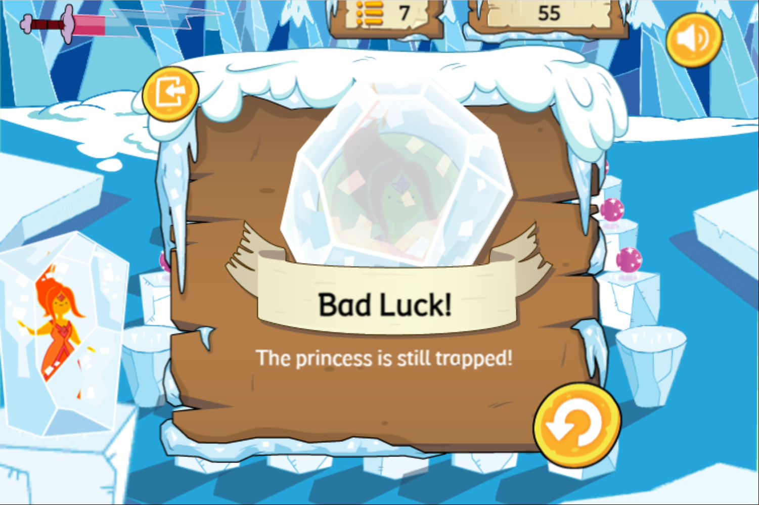 Adventure Time Frosty Fight Level Failed Screenshot.