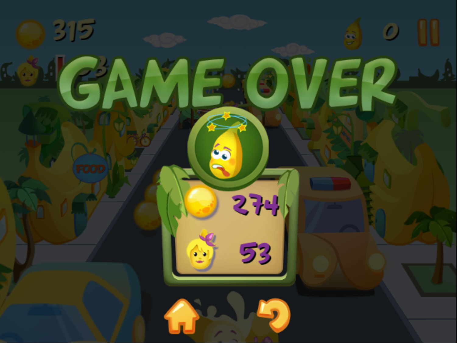 Banana Running Game Over Screen Screenshot.