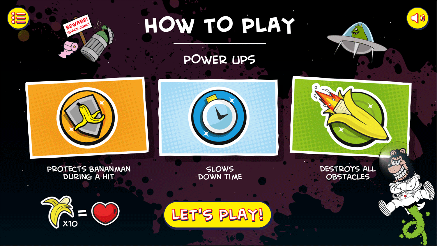 Bananaman Chase in Space Game Instructions Screenshot.