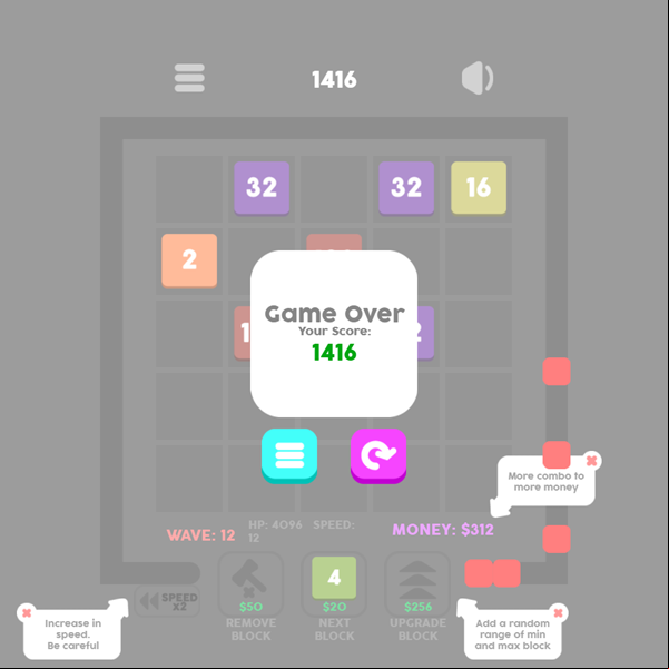 Block Defender Game Over Screenshot.