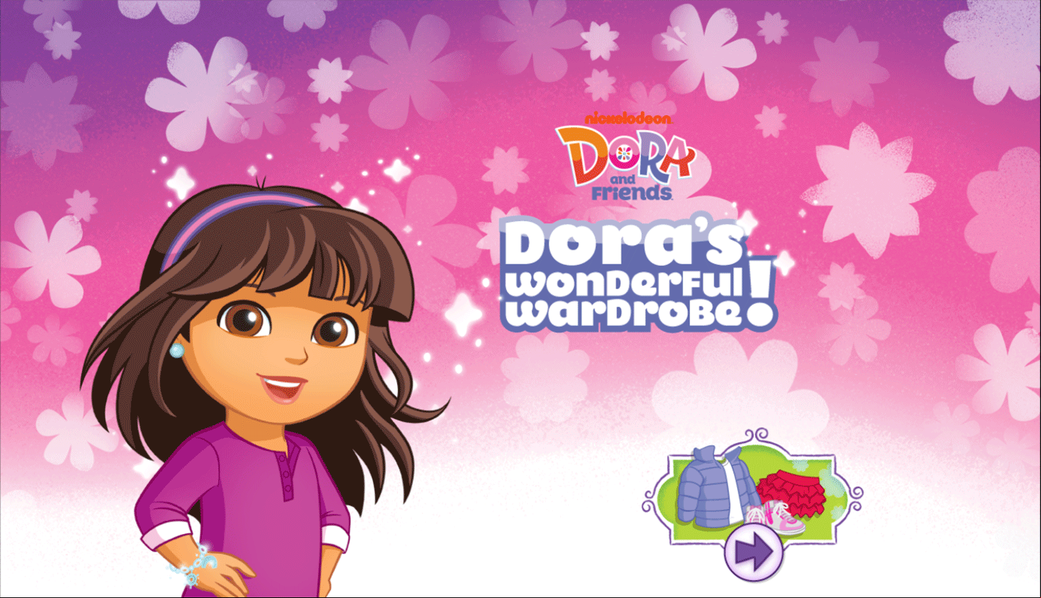 Dora's Wonderful Wardrobe Dress Up Game Welcome Screen Screenshot.
