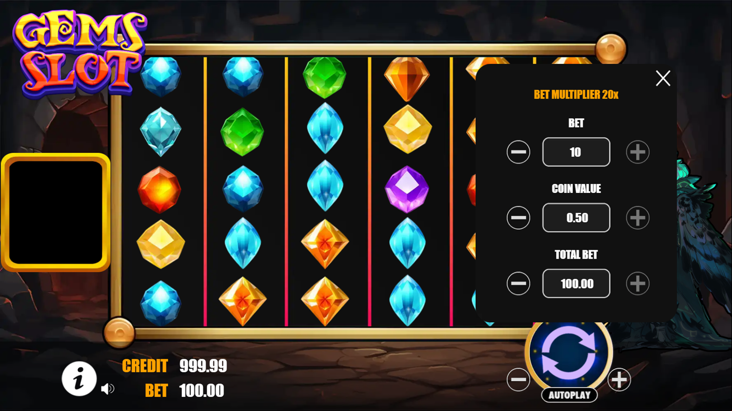 Gems Slot Game Bet Multiplier Screenshot.