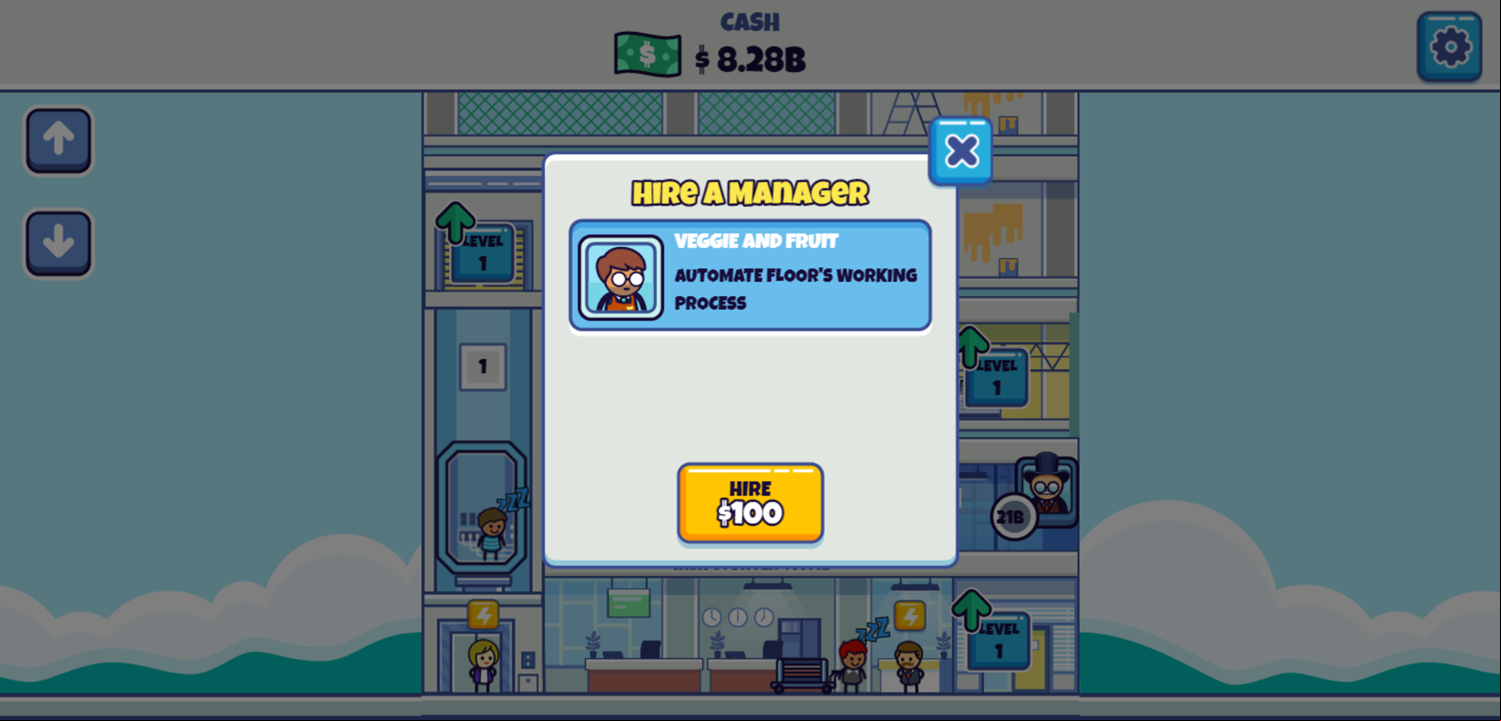 Idle Hypermart Empire Game Hire a Manager Screen Screenshot.