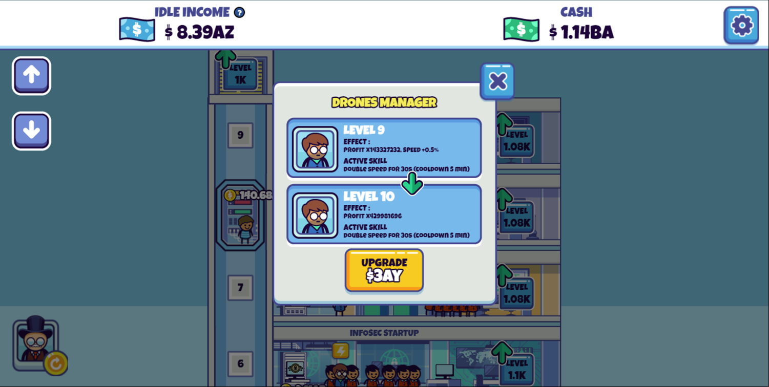 Idle Startup Tycoon Game Final Manager Upgrade Screen Screenshot.