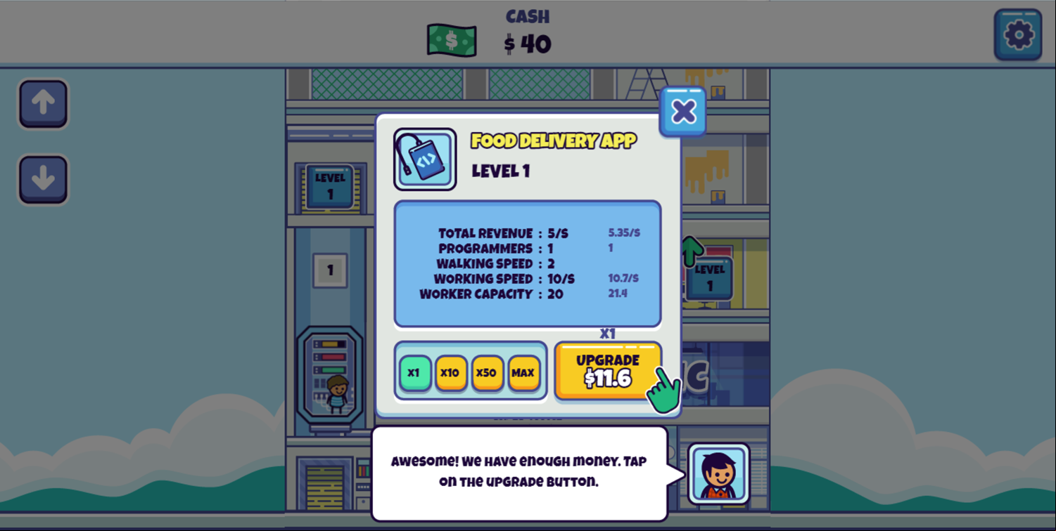 Idle Startup Tycoon Game Tap The Upgrade Button Screen Screenshot.
