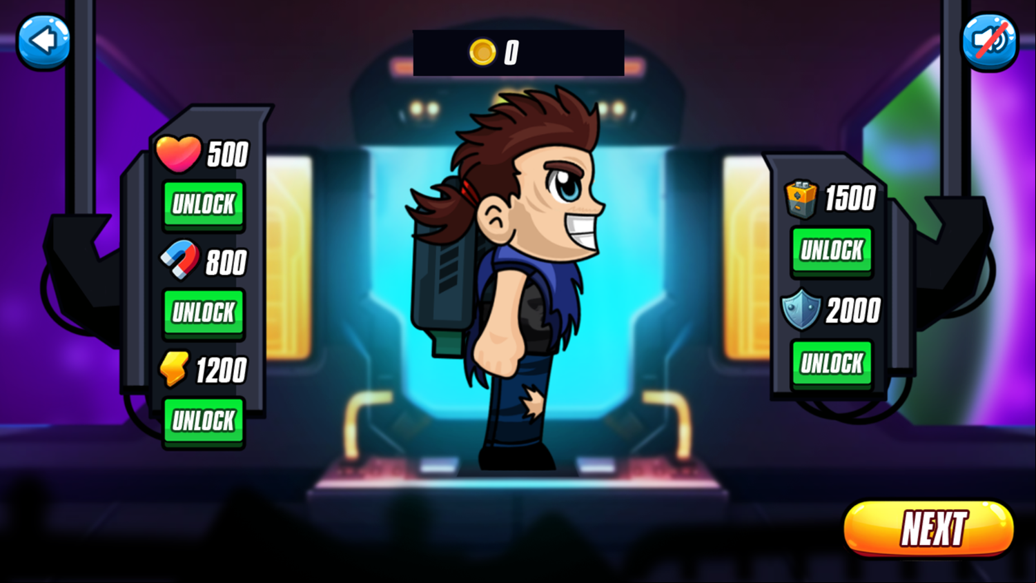 Jetpack Adventure Character Upgrade Screen Screenshot.