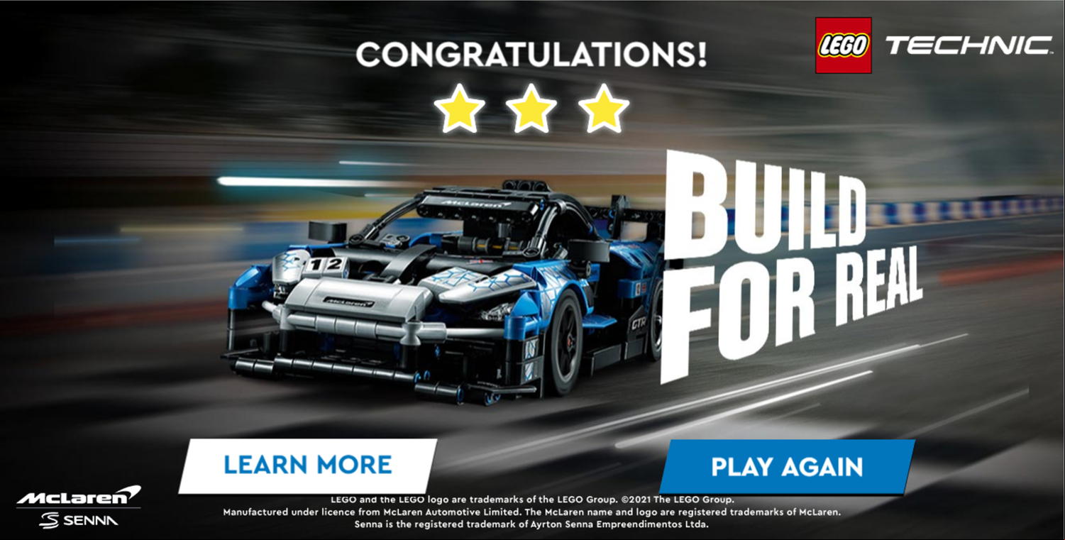 LEGO Technic McLaren Senna GTR Game Complete Screen Screenshot.