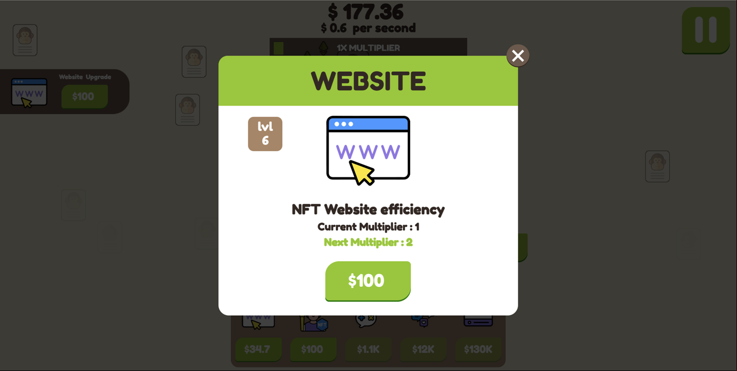 Lit Ape NFT Generator Game Website Upgrade Screen Screenshot.