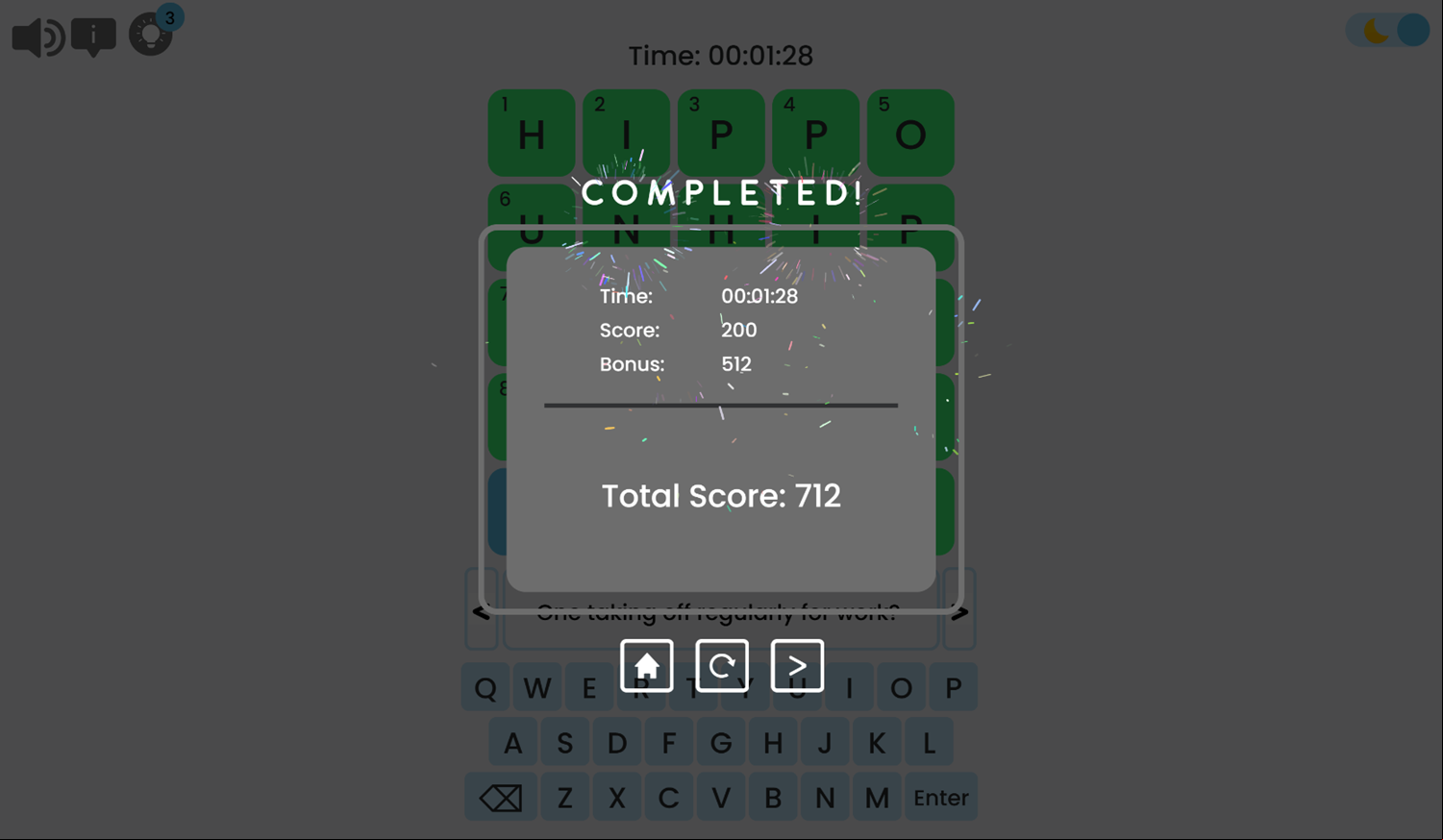 Mini Crossword Game Level Completed Screenshot.