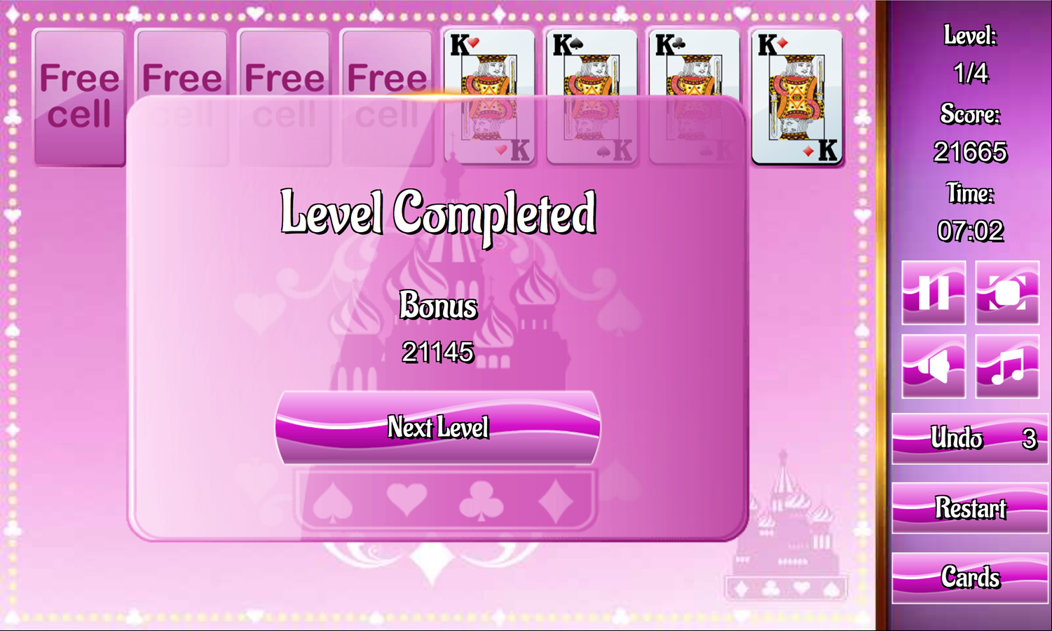 Russian Freecell Game Level Completed Screen Screenshot.
