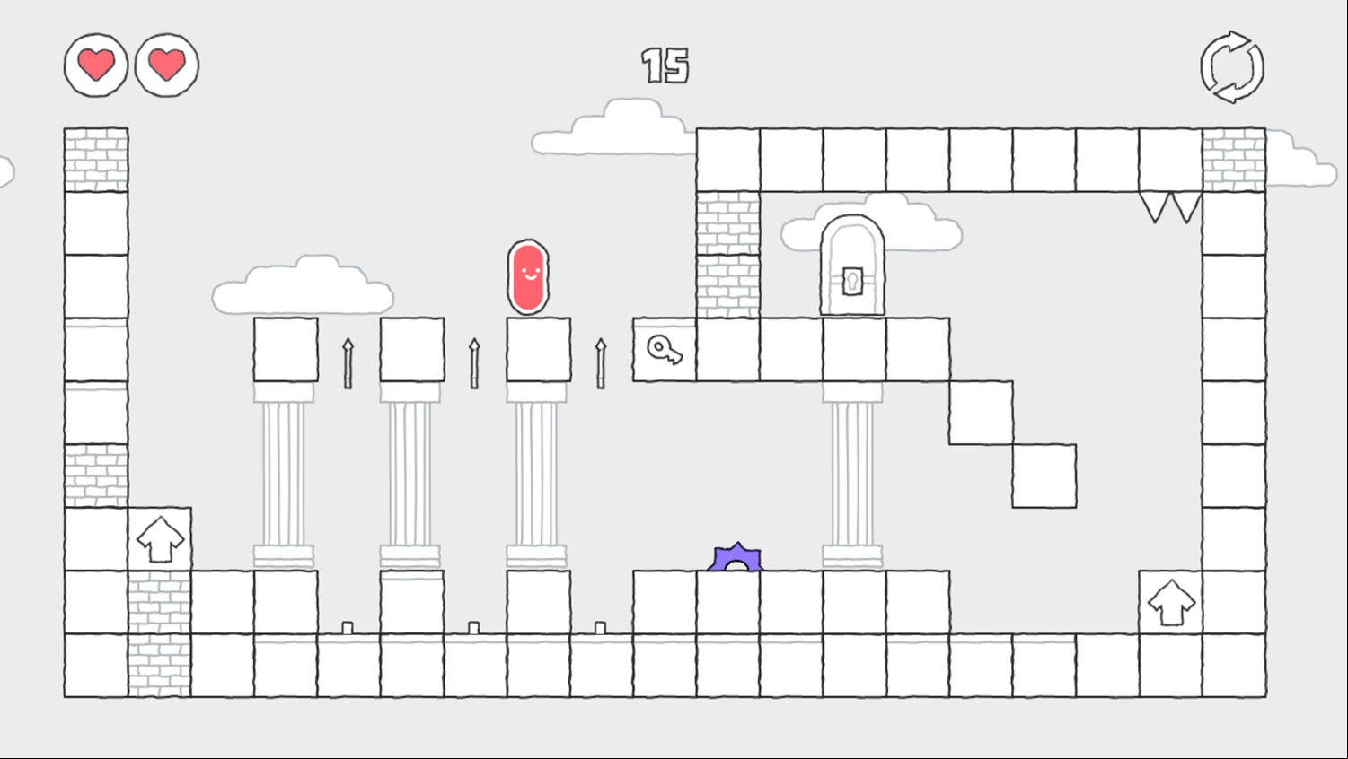 Scribble World Platform Puzzle Game Level With Multiple Vertical Arrow Shooters Screenshot.