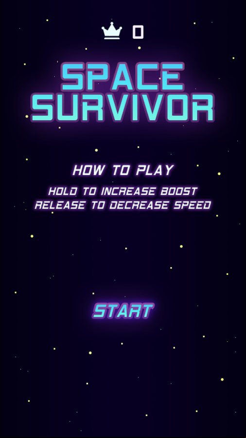 Space Survivor Game Welcome Screen Screenshot.