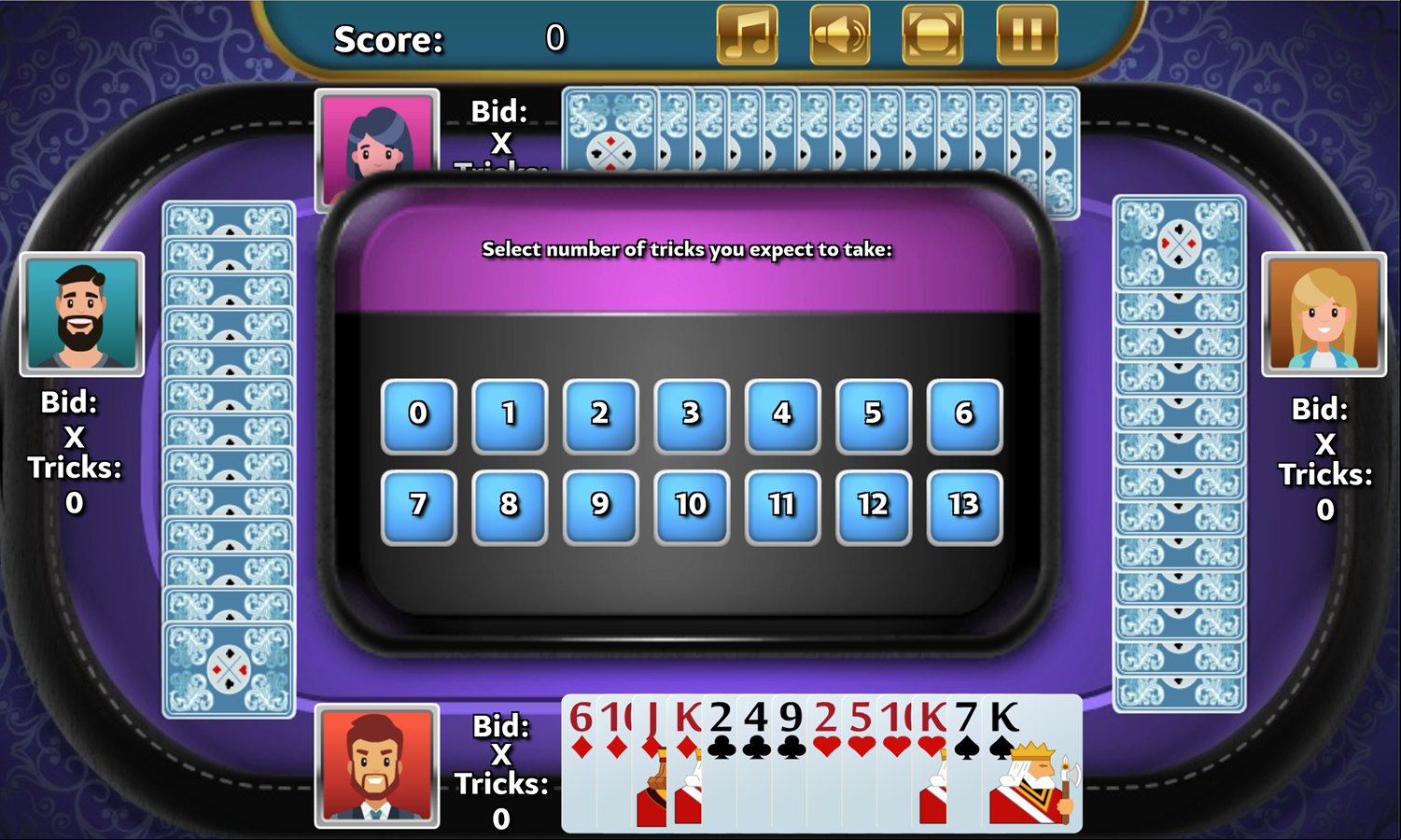 Spades Video Game Bidding Screen Screenshot.