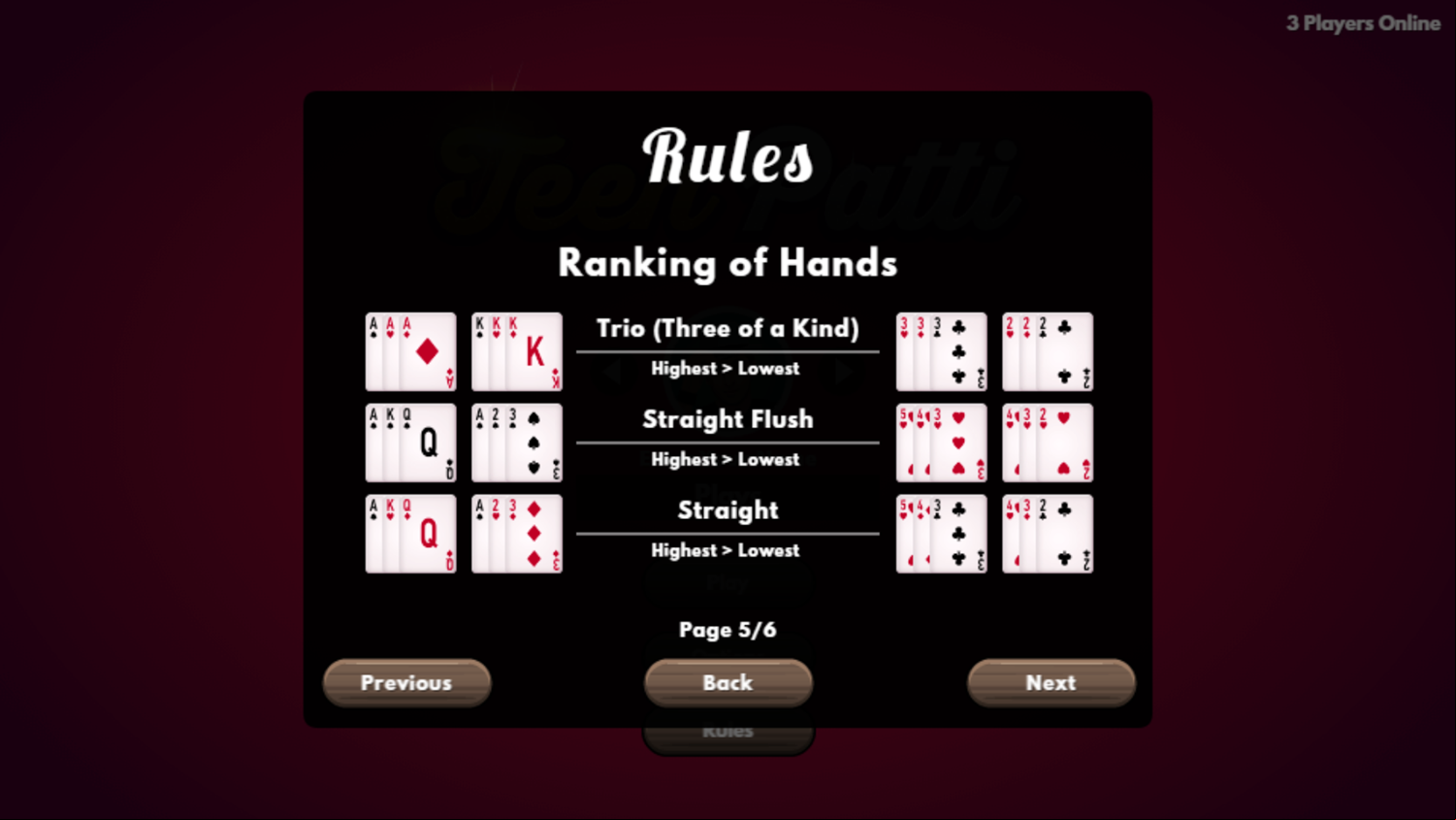 Teen Patti Game Card Rank Screenshot.