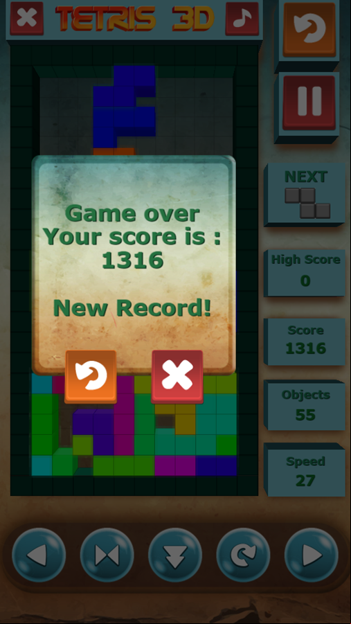 Tetris 3D Game Over Score Screenshot.
