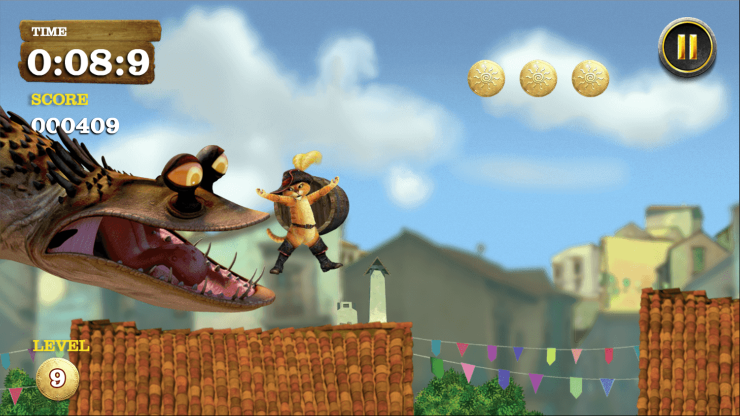 The Adventures of Puss in Boots Barrel Run Game Dying Screenshot.