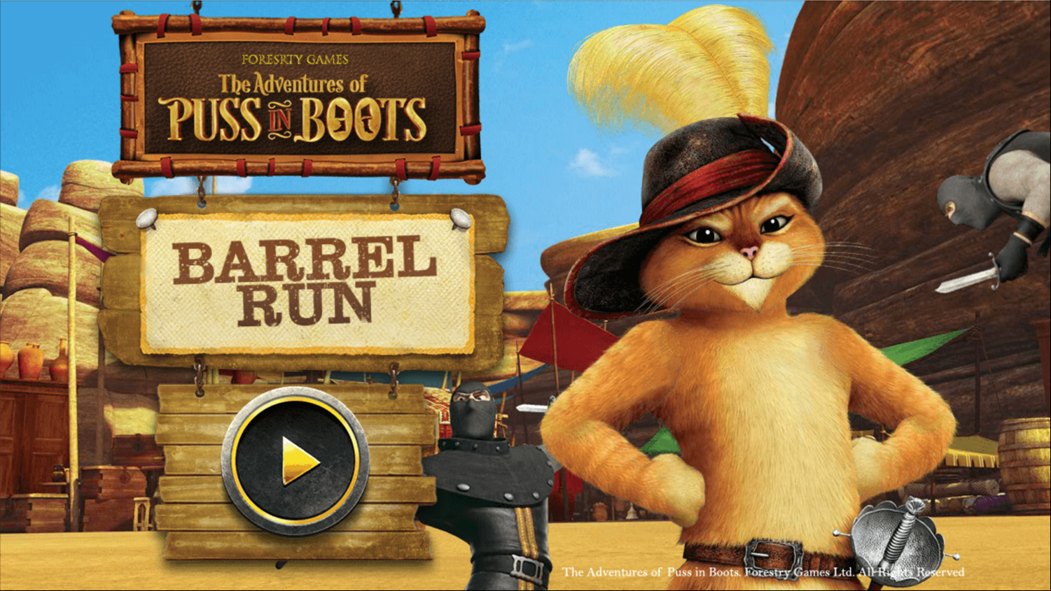 The Adventures of Puss in Boots Barrel Run Game Welcome Screen Screenshot.